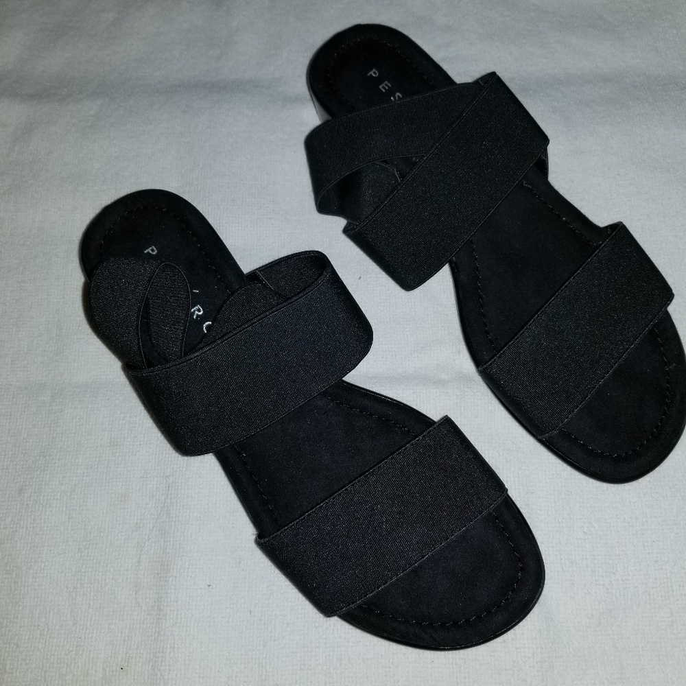 Pesaro Size 9 Black Elastic Strappy Wedge Sandals